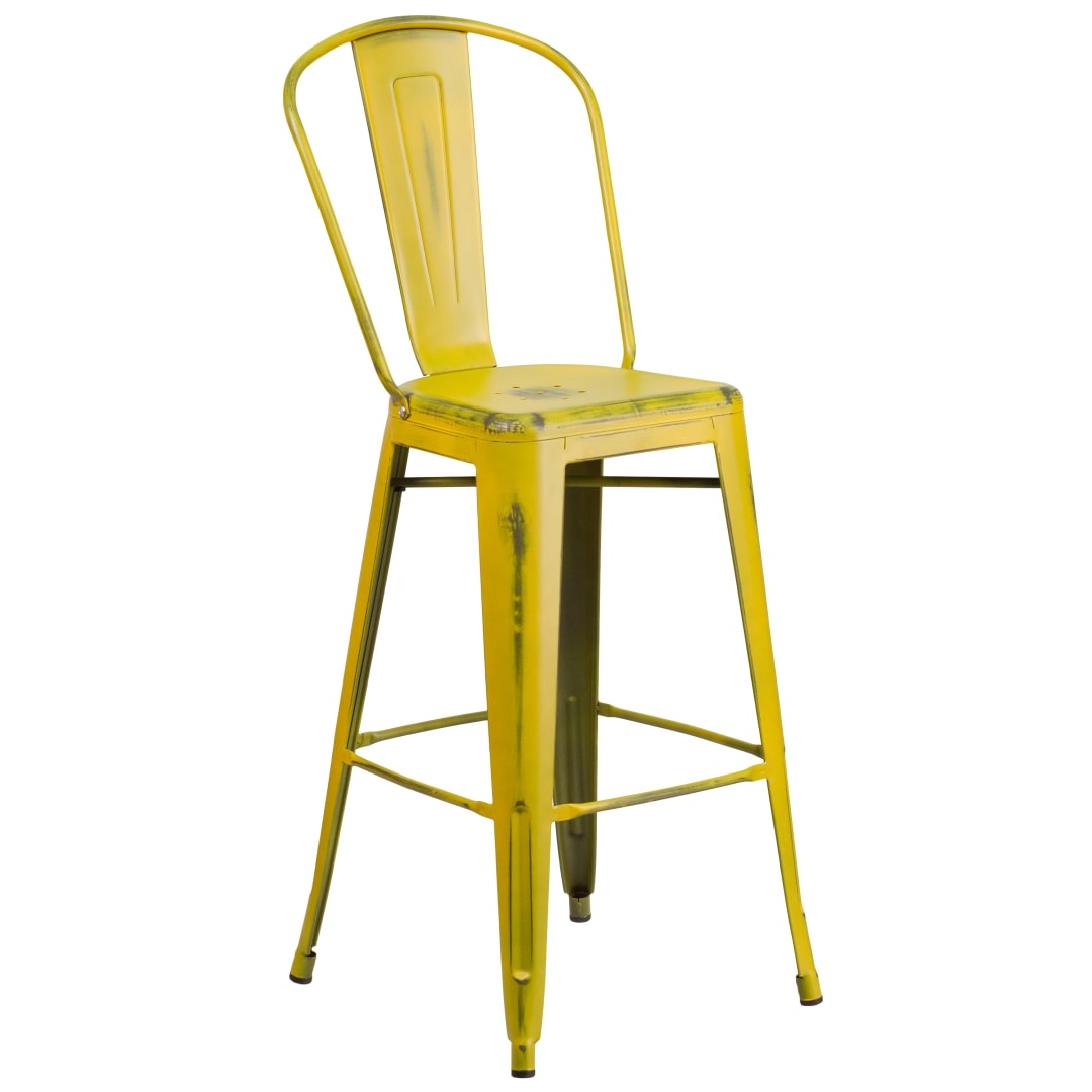 Cindy Commercial Grade 30" High Distressed Yellow Metal Indoor-Outdoor Barstool with Back