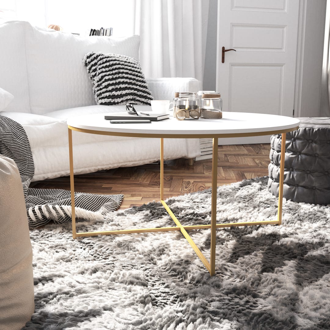 Hampstead Collection Coffee Table - Modern White Finish Accent Table with Crisscross Brushed Gold Frame
