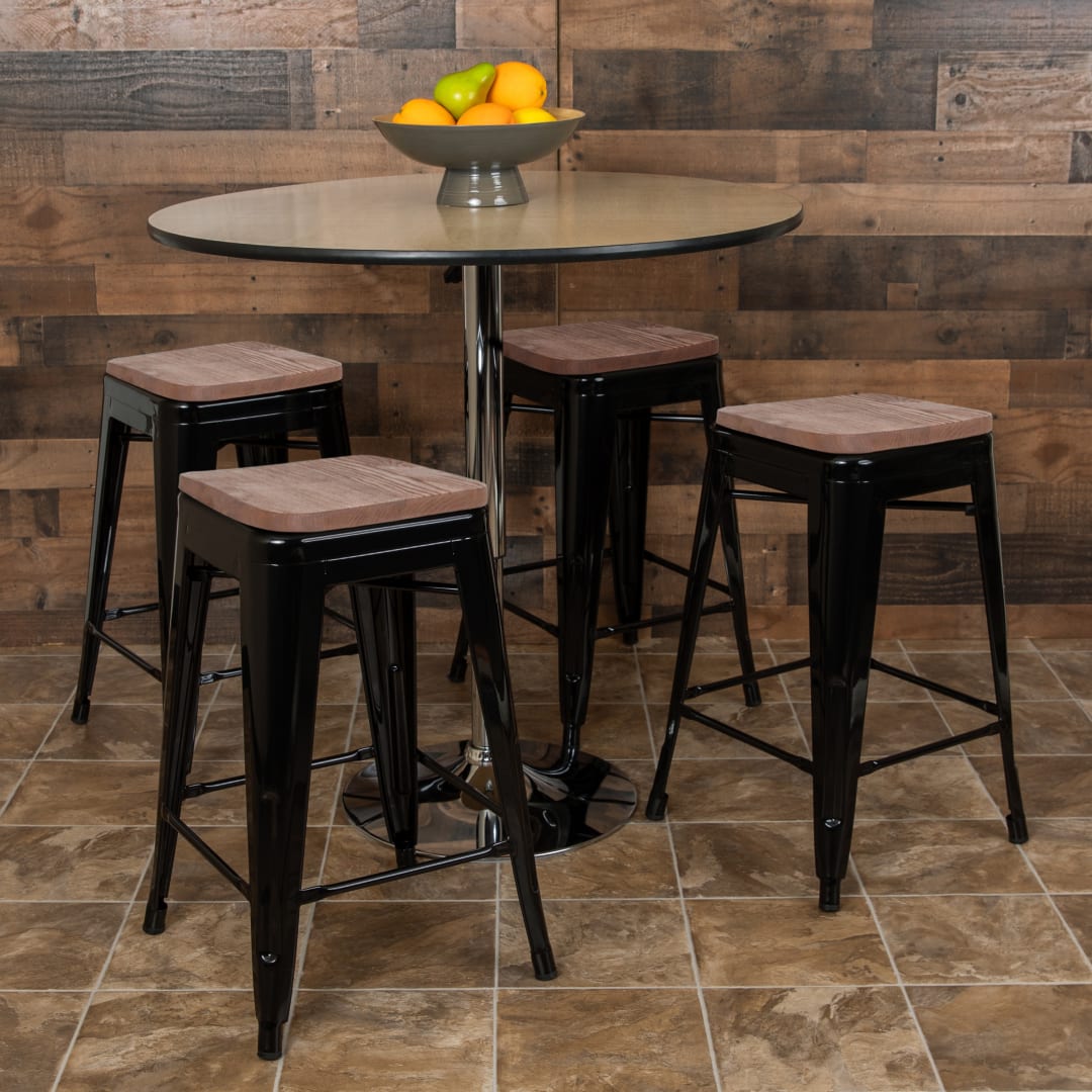 Cierra 24" High Metal Counter-Height, Indoor Bar Stool with Wood Seat in Black - Stackable Set of 4