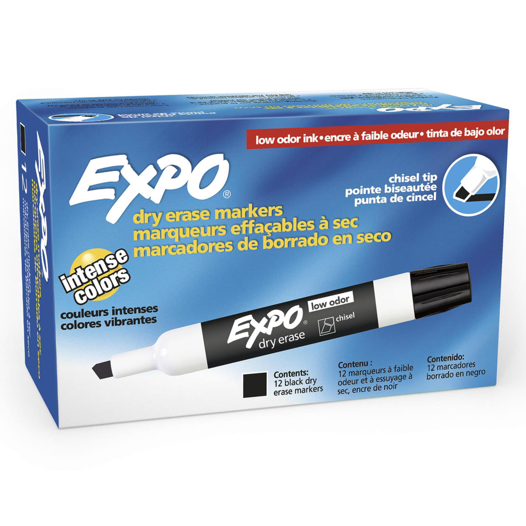 EXPO® Low Odor Dry Erase Markers, Chisel Tip, Black, 12 Count