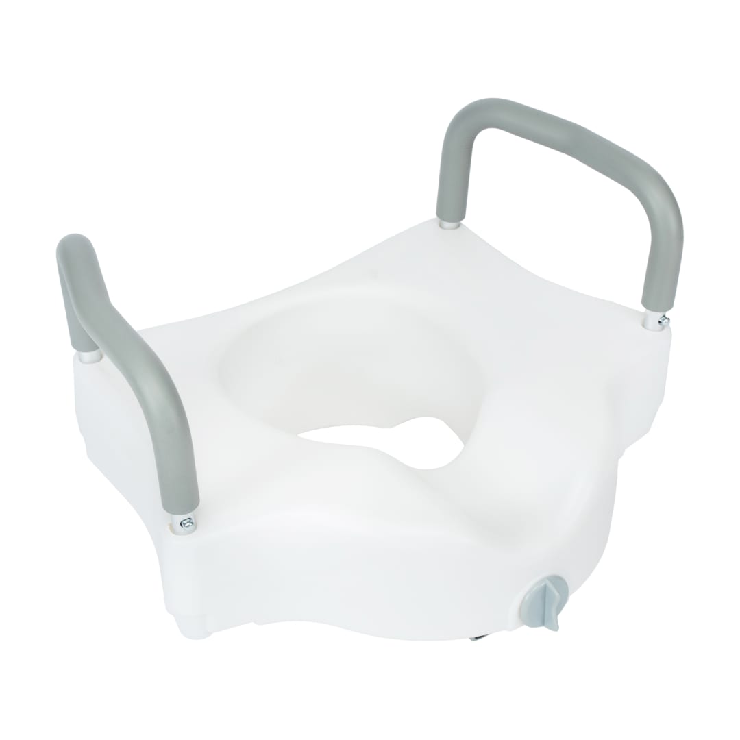 HERCULES White Elevated Toilet Seat with Height Adjustable Padded Arms and Locking Safety Mechanism