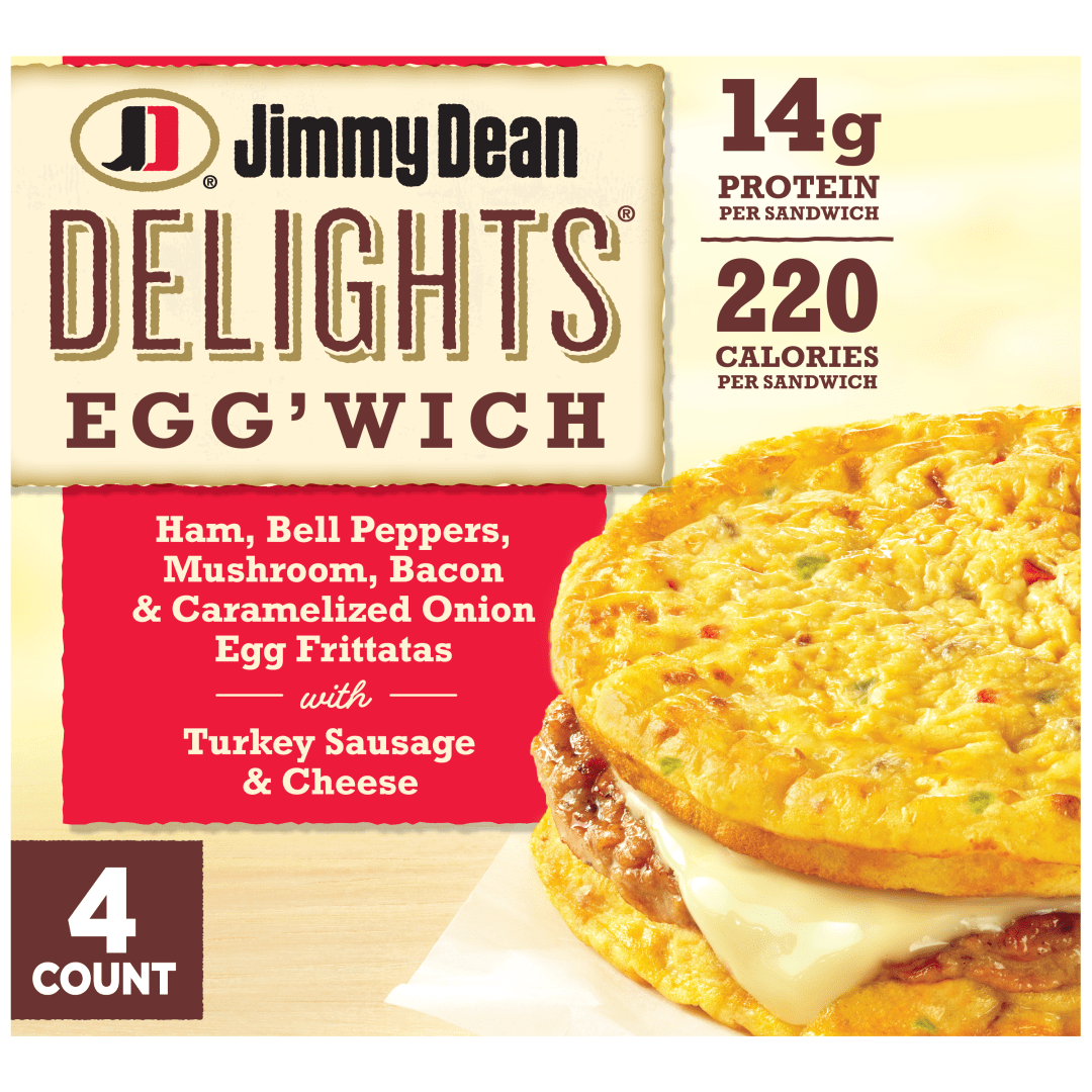 Jimmy Dean Delights Egg’wich Breakfast Sandwiches with Ham, Bell Peppers, Mushroom, Bacon, and Onion Egg Frittatas with Turkey Sausage and Cheese, Breadless, Frozen, 4 Count