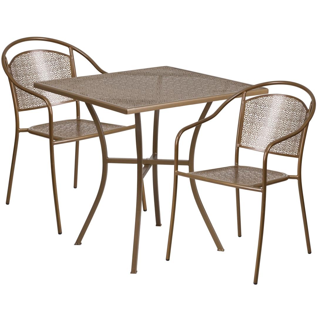 Oia Commercial Grade 28" Square Gold Indoor-Outdoor Steel Patio Table Set with 2 Round Back Chairs