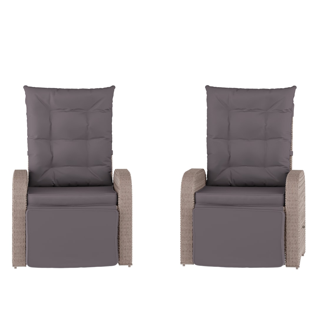 Nemo Set of 2 Indoor/Outdoor Patio Wicker Rattan Recliner Lounge Chairs with Flip up Side Tables, Gray