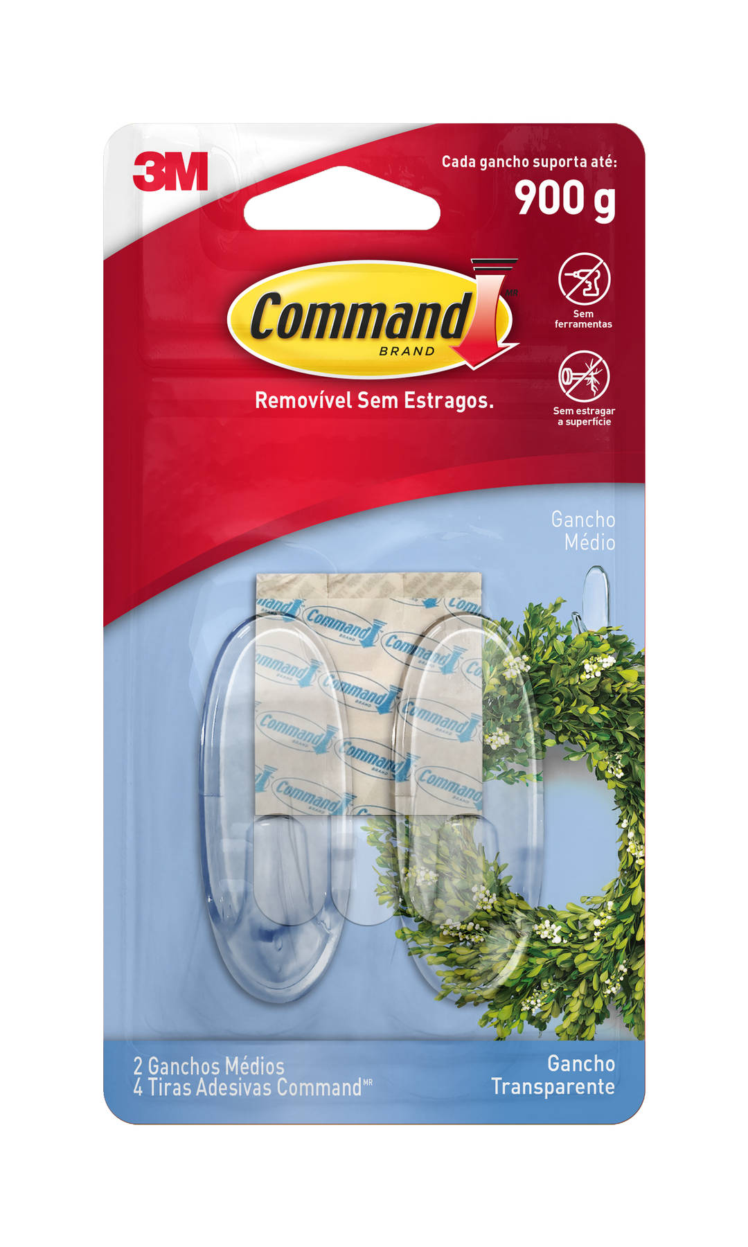 Gancho Adesivo 3M™ Command™, Transparente, Médio, 2 Unidades