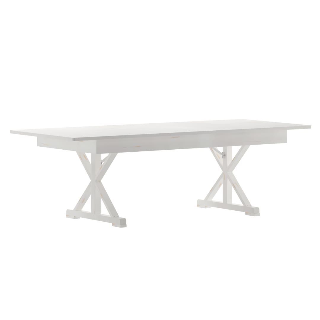 HERCULES 8' x 40" Rectangular Antique Rustic White Solid Pine Folding Farm Table with X Legs