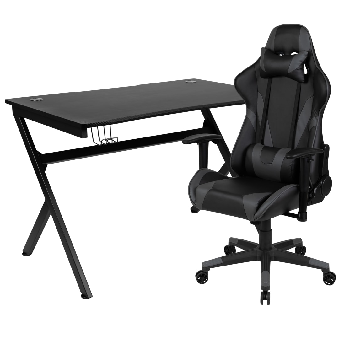 Optis Black Gaming Desk and Gray/Black Reclining Gaming Chair Set with Cup Holder, Headphone Hook &amp; 2 Wire Management Holes