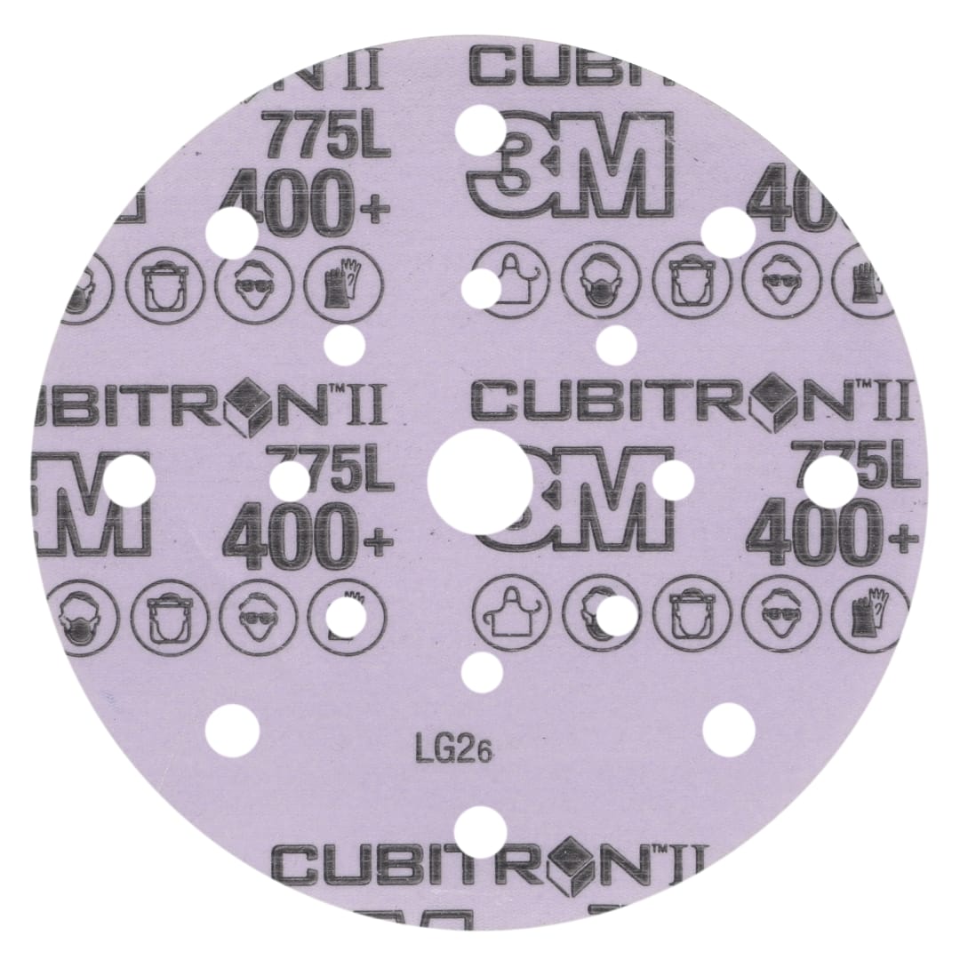 3M™ Cubitron™ II Hookit™ 775L Film Disk, 400+ 3MIL, 152.4 mm x NH, 17HL, Die 600FL, 50/Carton, 250 ea/Case