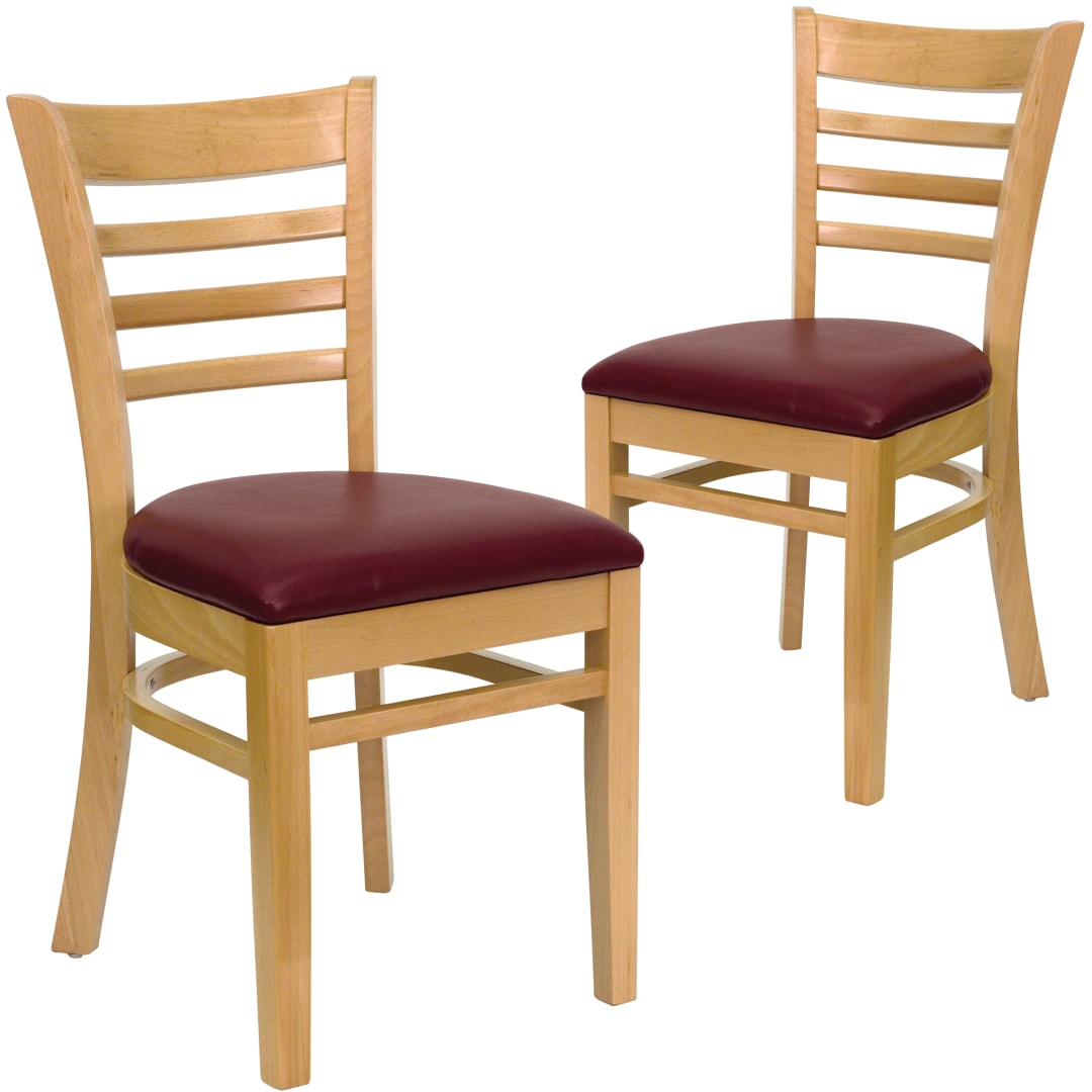 2 Pk. HERCULES Series Ladder Back Natural Wood Restaurant Chair - Burgundy Vinyl Seat