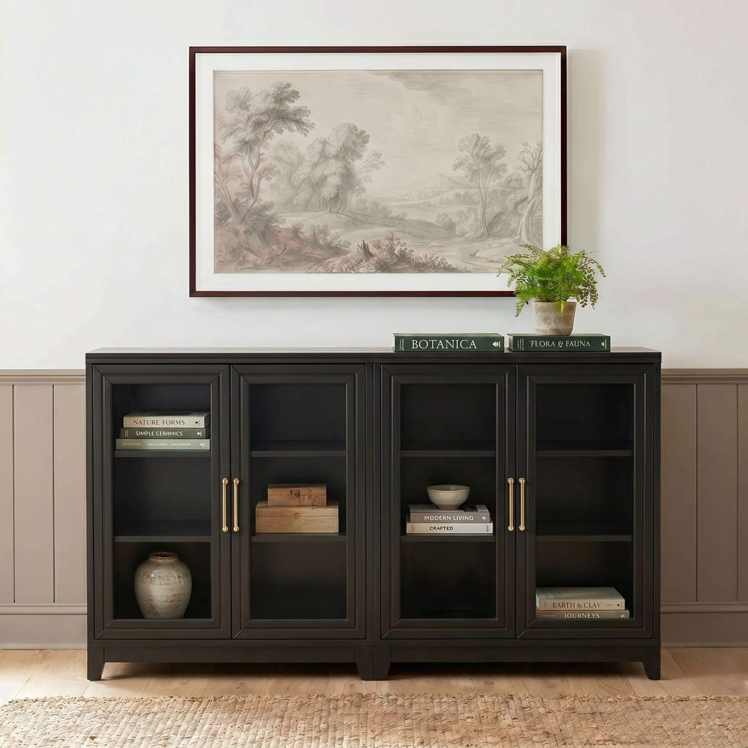 Bedford Fluted Set of 2 Modular Storage Cabinets, Glass Soft-Close Doors with Gold Hardware, Adjustable Shelf, Solid Wood Frames/Legs, Black