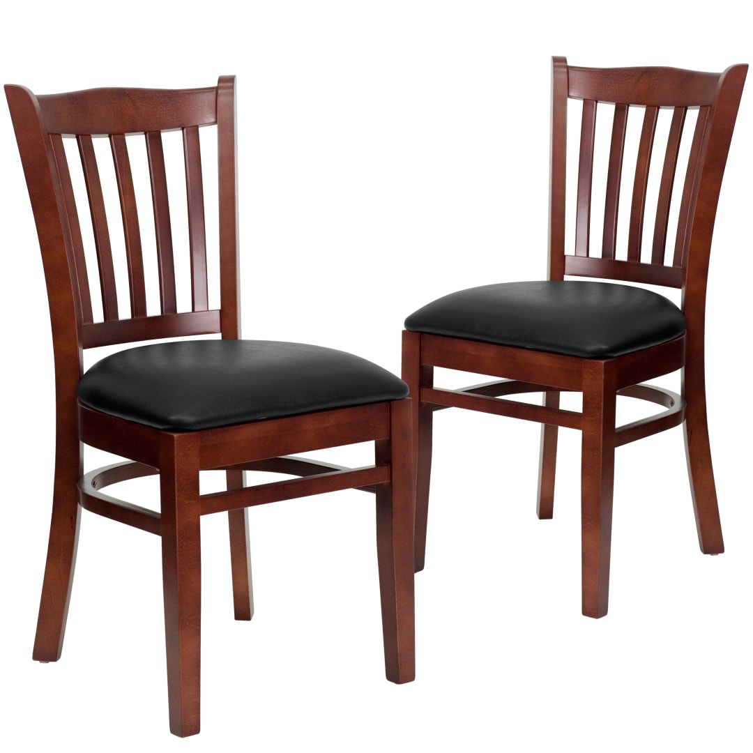 2 Pack HERCULES Series Vertical Slat Back Mahogany Wood Restaurant Chair - Black Vinyl Seat