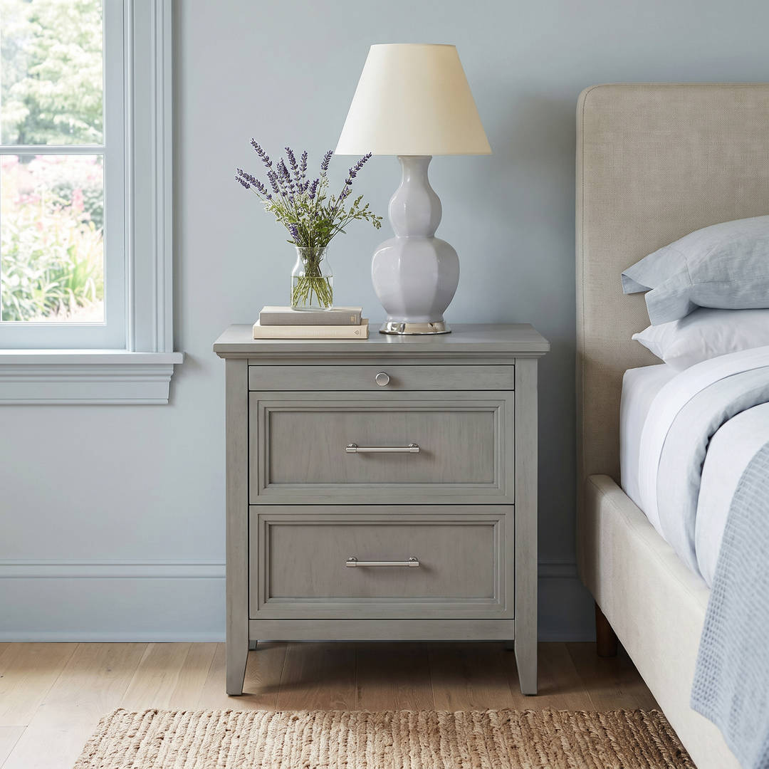 Bedford Shaker 2-Drawer Nightstand with Charging Station, Pull-out Shelf and Solid Wood Frame, Gray Woodgrain, Set of 2
