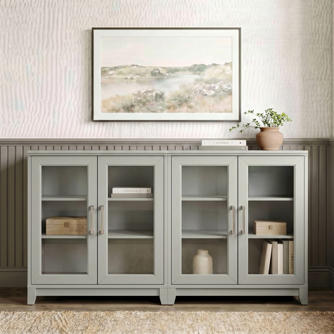 Bedford Set of 2 Modular Shaker Storage Cabinets, Glass Soft-Close Doors, Brushed Stainless Hardware, Adj.Shelf, Solid Wood Frames/Legs, Bedford GY