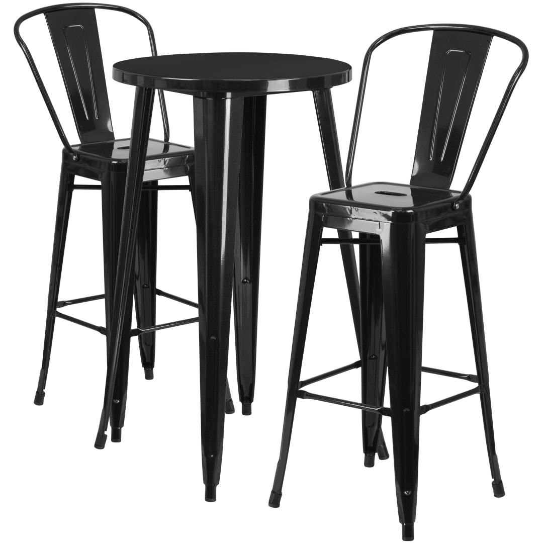 Nichols Commercial Grade 24" Round Black Metal Indoor-Outdoor Bar Table Set with 2 Cafe Stools