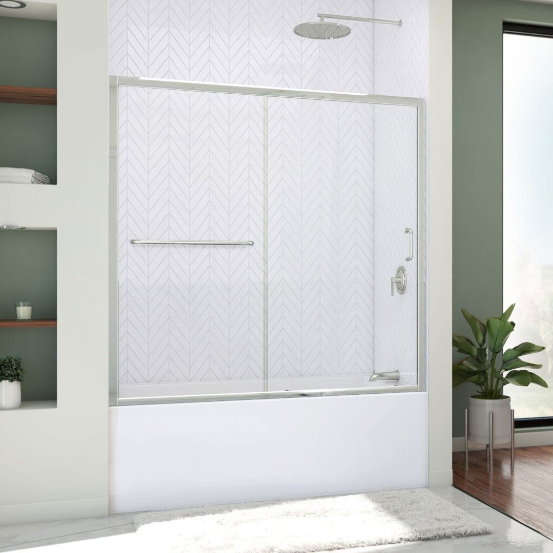 DreamLine Infinity-Z 56 - 60 inch W x 60 inch H Semi-Frameless Sliding Clear Tub Door in Chrome with White Wall Kit