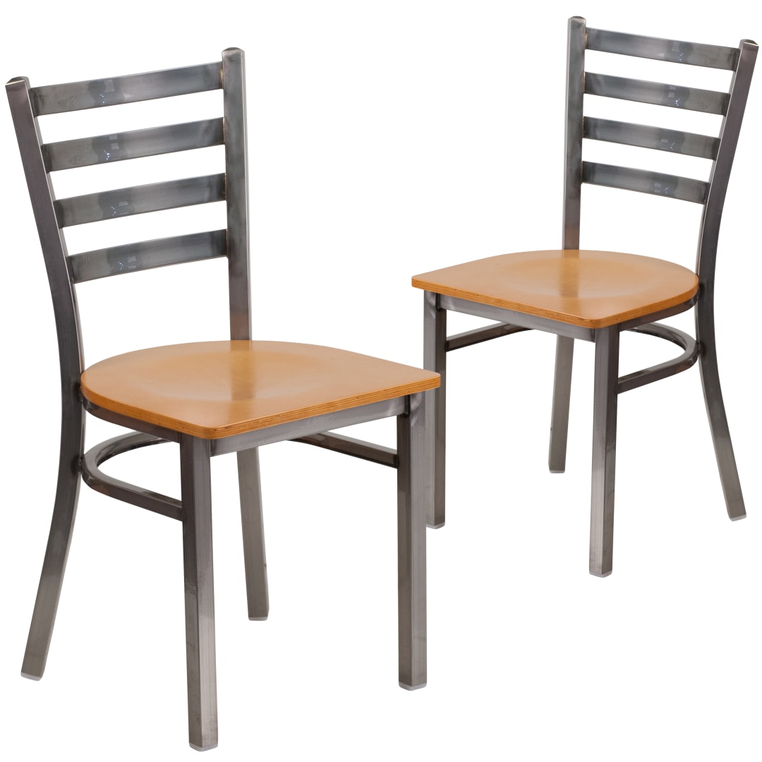 2 Pack HERCULES Series Silver Antique Finish with Clear Coat Ladder Back Metal Restaurant Chair - Natural Wood Seat