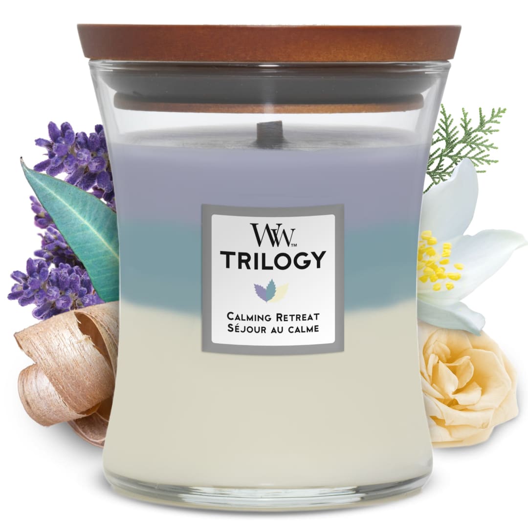 WoodWick® Medium Hourglass Trilogy Scented Candle | Calming Retreat | with Crackling Wick | Burn Time: Up to 60 Hours
