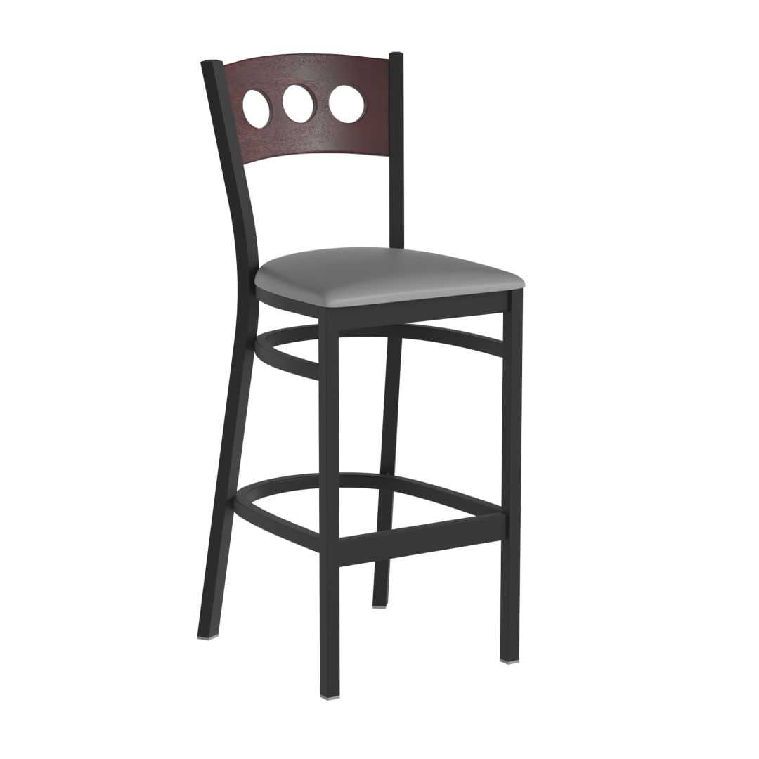 HERCULES Black 3 Circle Back Metal Restaurant Barstool - Walnut Wood Back, Gray Vinyl Seat