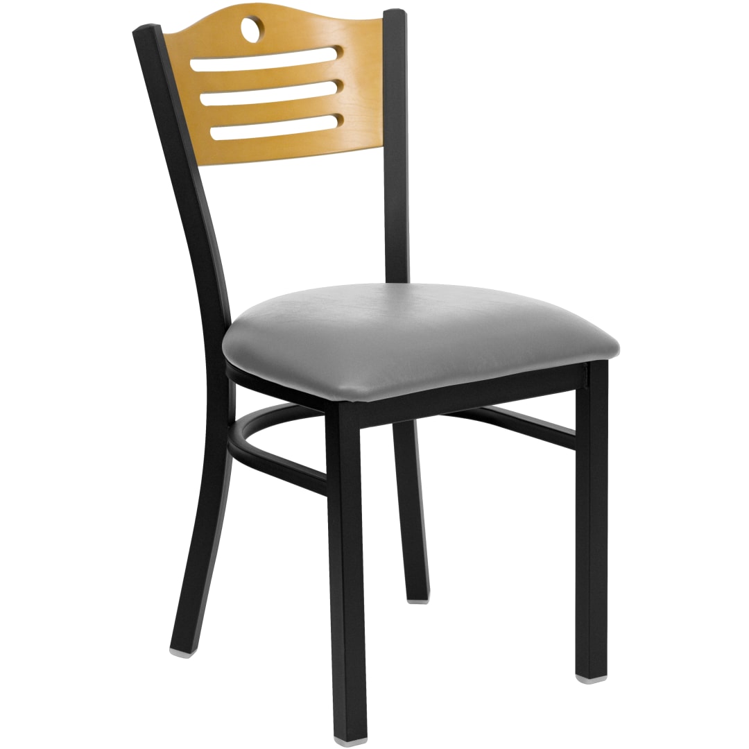 HERCULES Series Black Slat Back Metal Restaurant Chair - Natural Wood Back, Custom Upholstered Seat