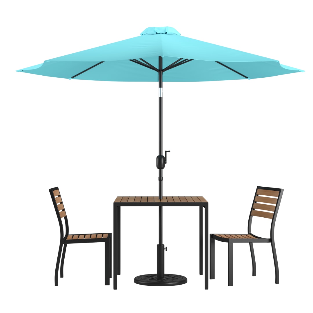 Lark 5 Piece All-Weather Deck or Patio Set-2 Stacking Faux Teak Chairs, 35" Square Faux Teak Table, Teal Umbrella & Base