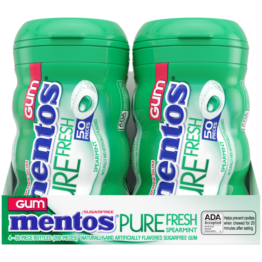 Mentos Gum Pure Fresh Sugar Free Chewing Gum Spearmint 50 pc Curvy Bottles - 4 Pack