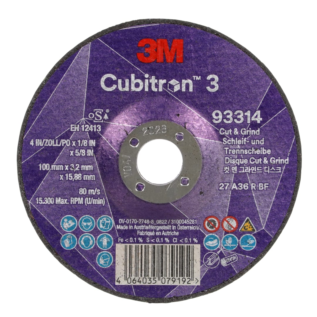 3M™ Cubitron™ 3 Kesme ve Taşlama Taşı, 93314, 36+, T27, 100 mm x 3,2 mm x 15,88 mm, EN, 10/Paket, 20 adet/Kutu