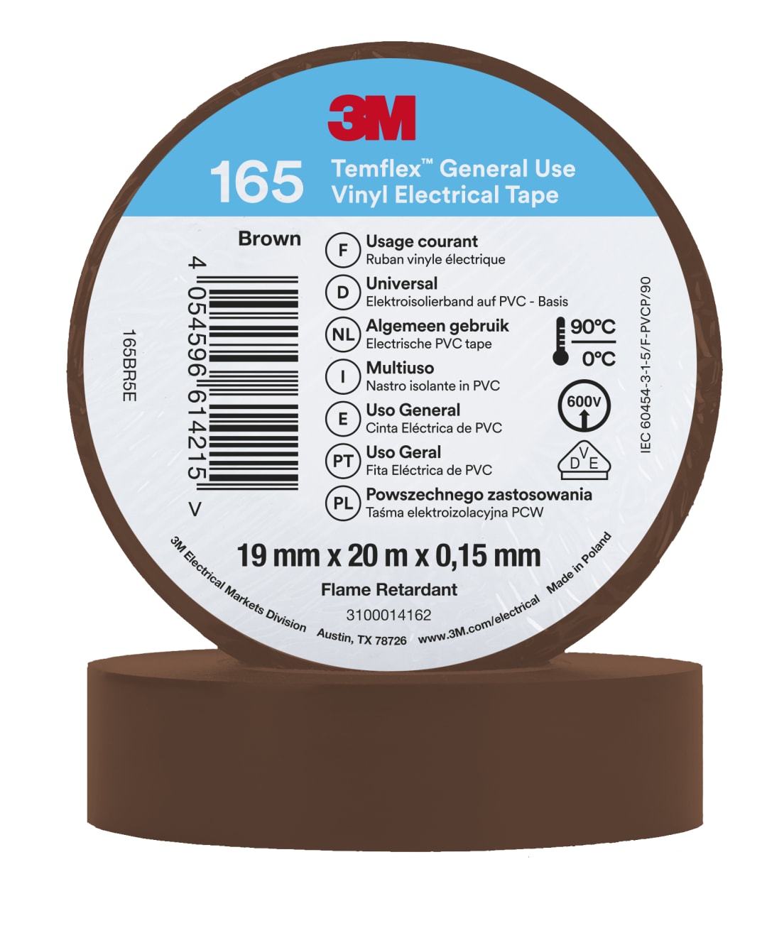 3M™ Temflex™ Vinyl Electrical Tape 165, Brown, 19 mm x 20 m, 100 Rolls/Case