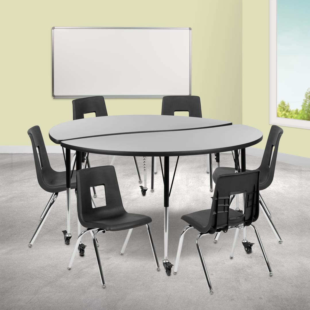 Emmy Mobile 60" Circle Wave Flexible Laminate Activity Table Set with 16" Student Stack Chairs, Grey/Black