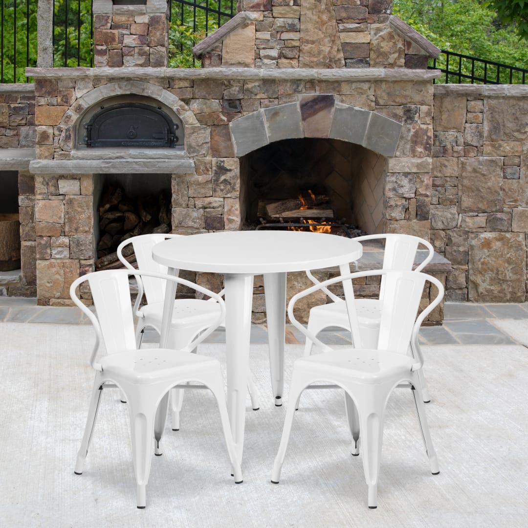 Cory Commercial Grade 30" Round White Metal Indoor-Outdoor Table Set with 4 Arm Chairs
