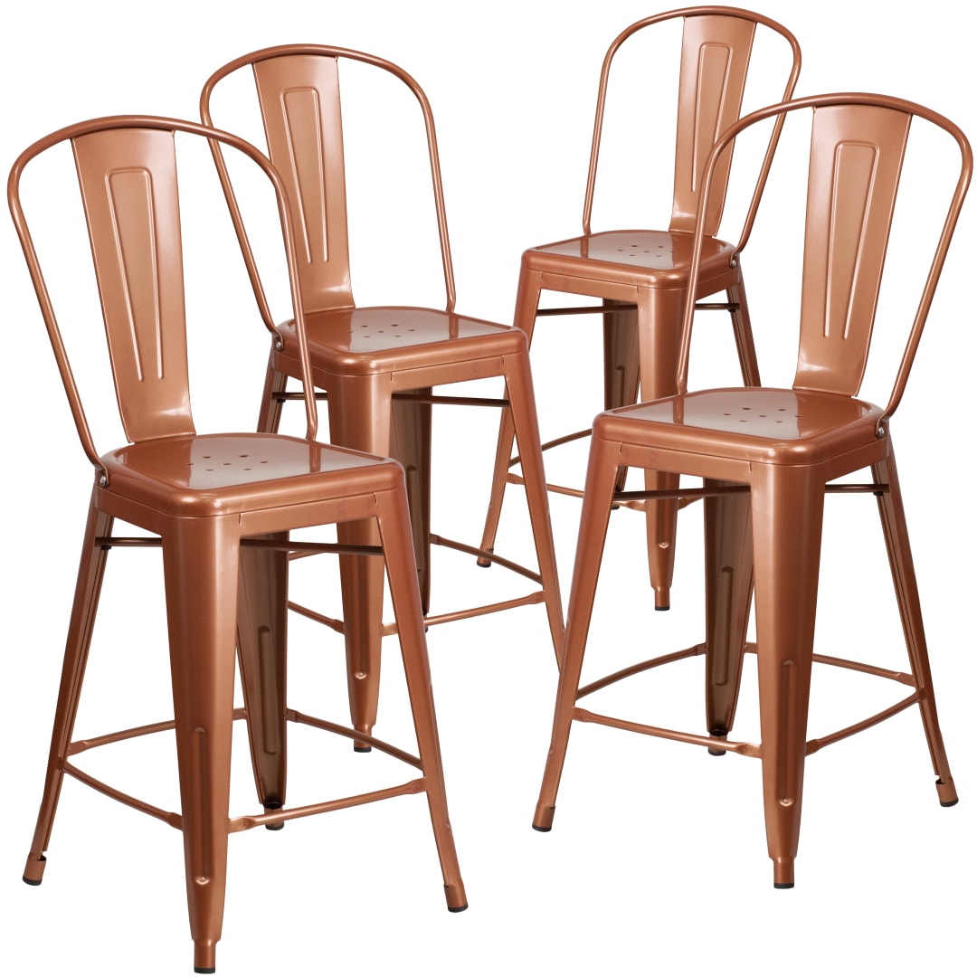 Blake Commercial Grade 4 Pack 24" High Copper Metal Indoor-Outdoor Counter Height Stool with Back