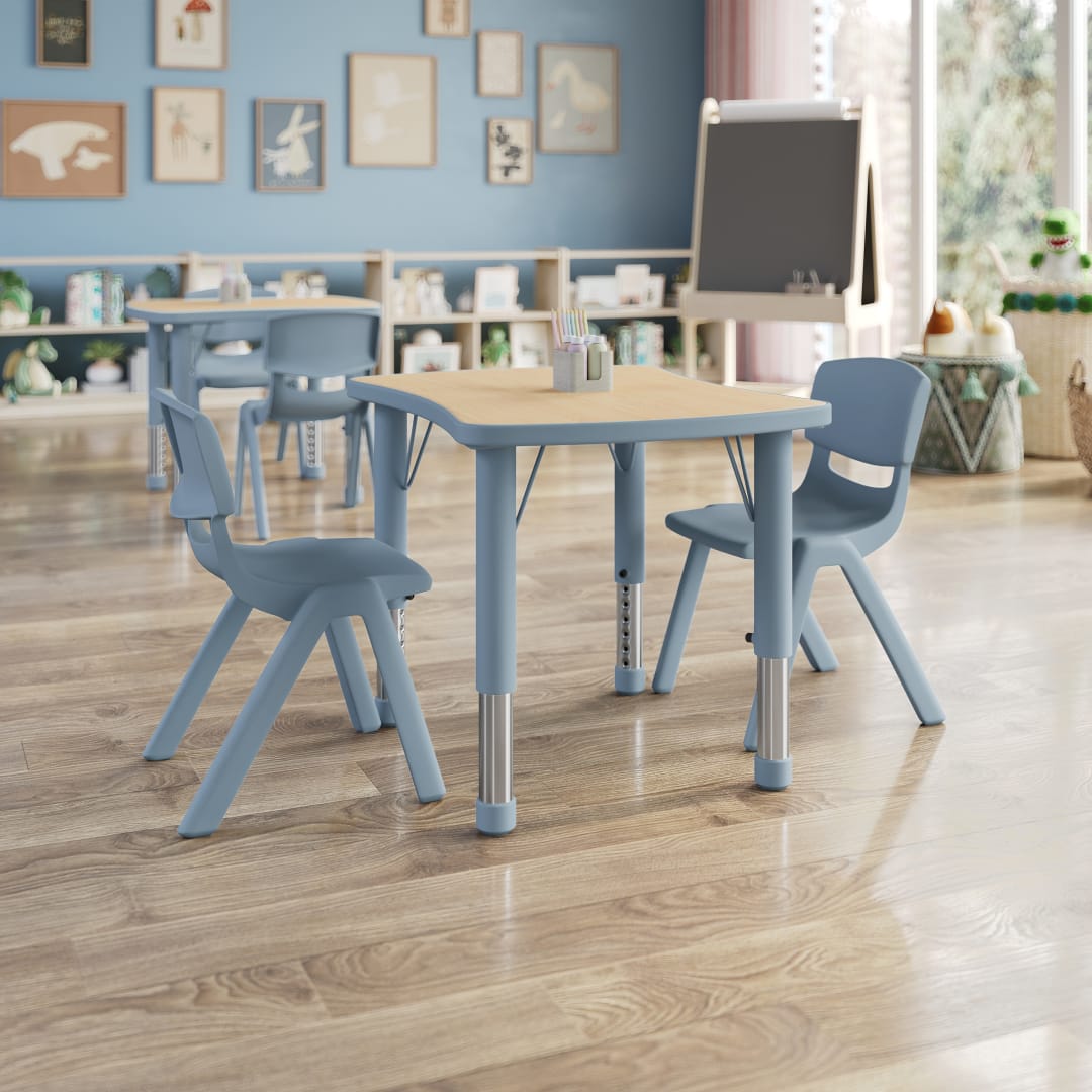 Emmy 3-Piece Kids Height Adjustable Activity Table Set, 26.5" x 21.75" Natural Woodgrain Laminate Top, Dusty Blue Frame, 2 Dusty Blue Chairs