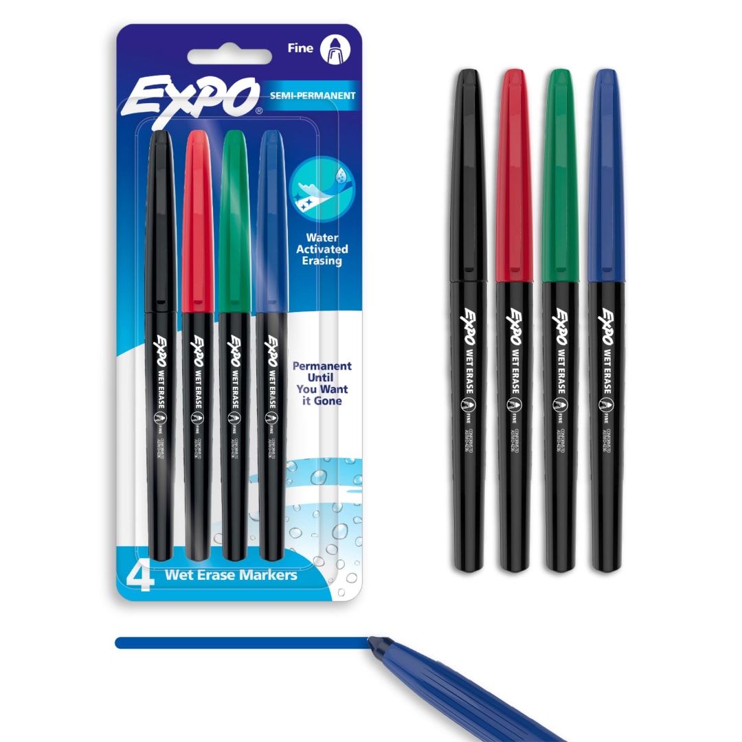 EXPO Wet Erase Markers, Semi-Permanent Markers, Assorted, Fine Tip, 4 Count