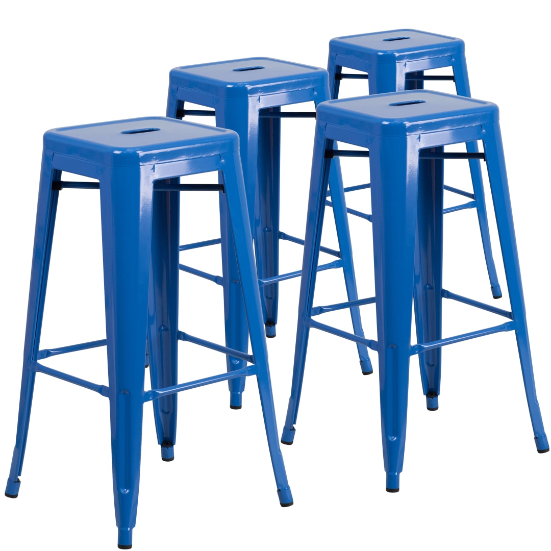 Lily 4 Pack Commercial Grade 30" High Backless Blue Metal Indoor-Outdoor Barstool with Square Seat