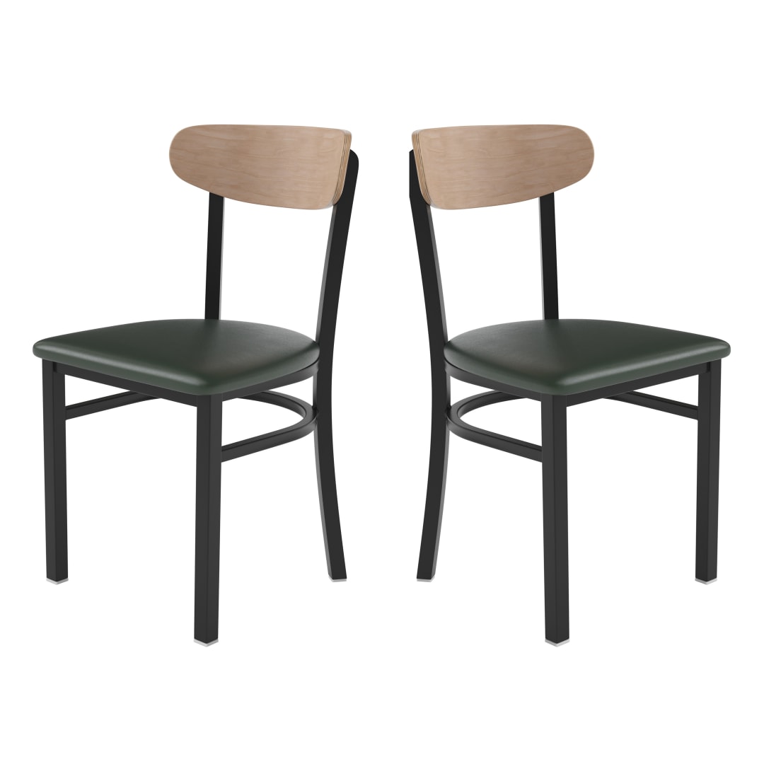 Wright Set of 2 Commercial Dining Chairs with 500 LB. Capacity Black Steel Frame, Natural Birch Finish Wooden Boomerang Back, and Green Vinyl Seat