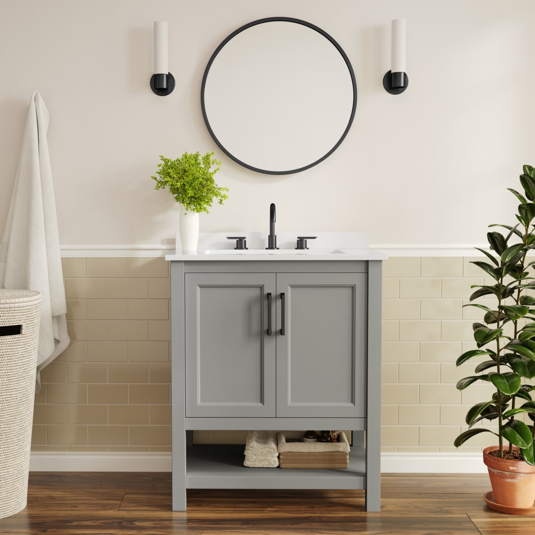 Vega 30" Bathroom Vanity with Sink, Storage Cabinet with Soft Close Doors &amp; Open Shelf, Carrara Marble Finish Counter &amp; Black Hardware, Gray/White