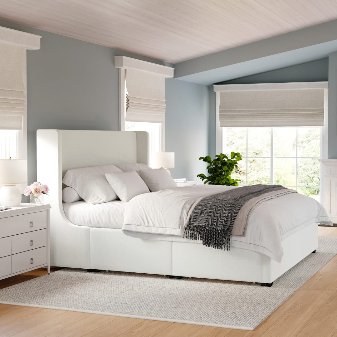 Kian King Upholstered Platform Bed with Wingback Headboard and 4 Side Storage Drawers, Wood Slat Foundation, No Box Spring Needed, Off-White