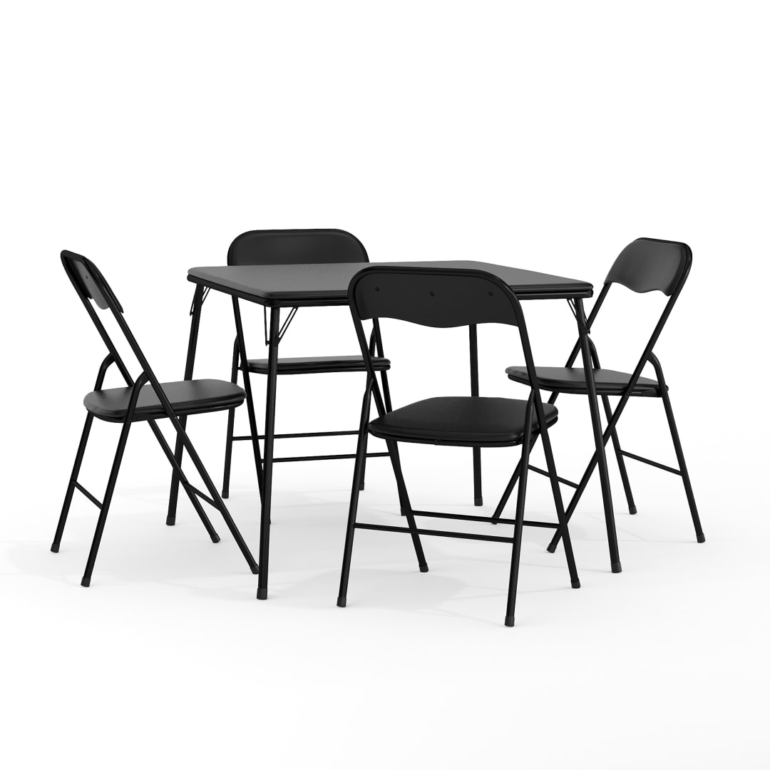 Madison 5 Piece Black Folding Card Table and Chair Set with 4 Metal Padded Folding Chairs and Square Table