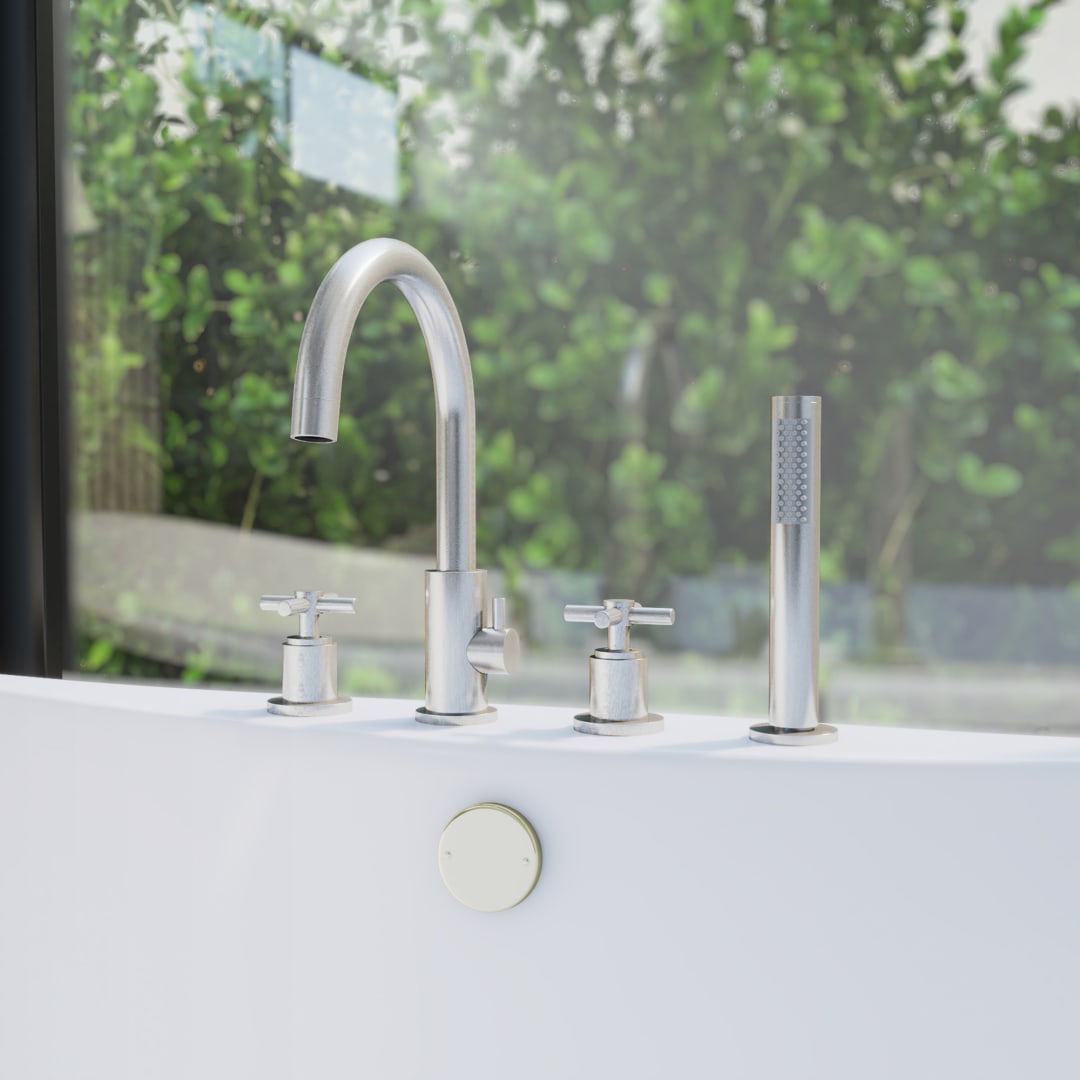 DreamLine Atlantic 12 inch x 8 inch Deck Mounted Tub Faucet with Handshower, Brushed Nickel