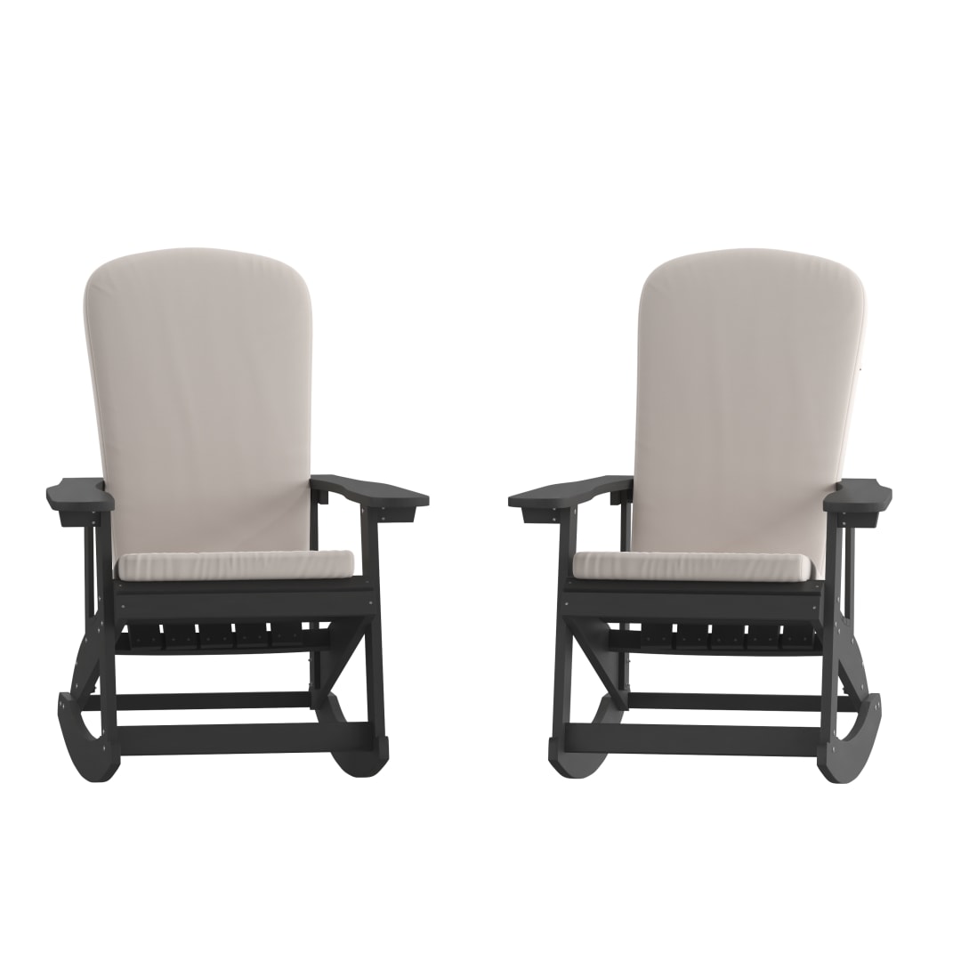 Savannah Set of 2 All-Weather Poly Resin Wood Adirondack Rocking Chairs in Black with Cream Cushions for Deck, Porch, and Patio