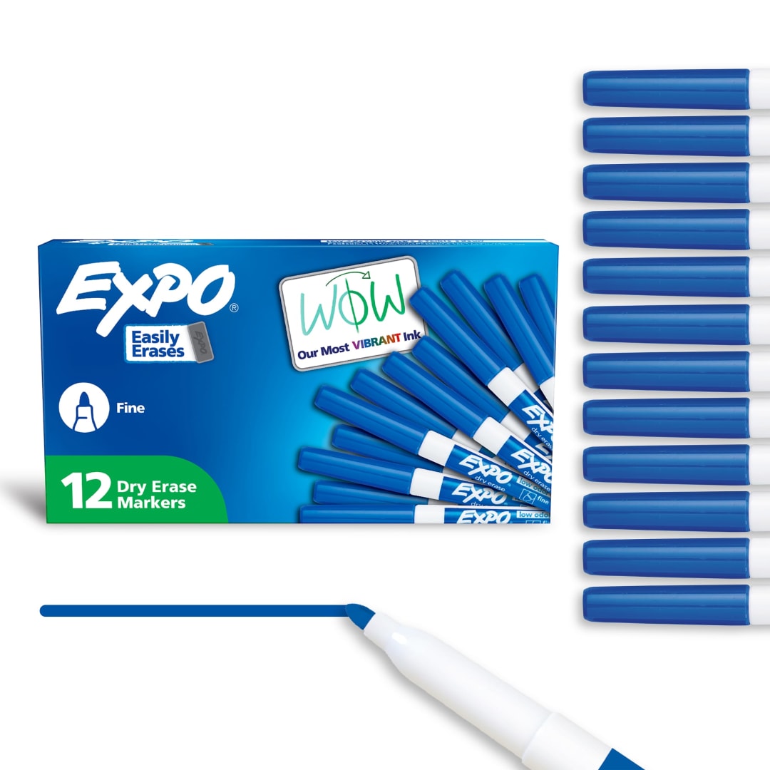 EXPO®Dry Erase Markers, Low Odor Ink, Blue, Fine Tip, 12 Count