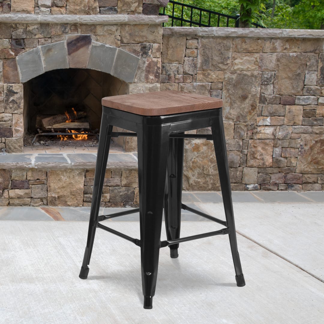 Lily 24" High Backless Black Metal Counter Height Stool with Square Wood Seat