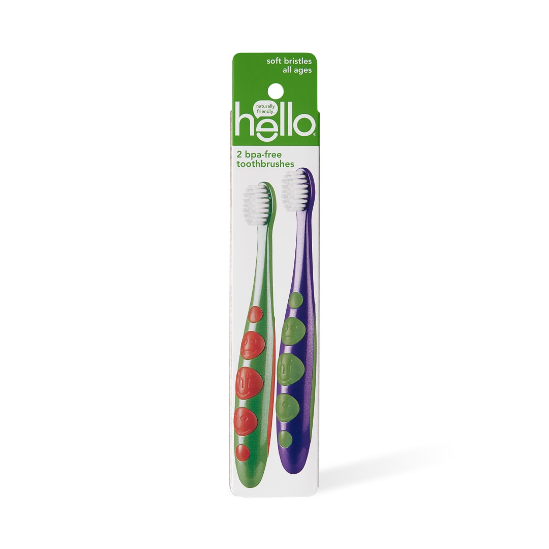 hello Kids Soft BPA-Free Toothbrush Twin Pack, Wide + Grippable Handle & Vegan