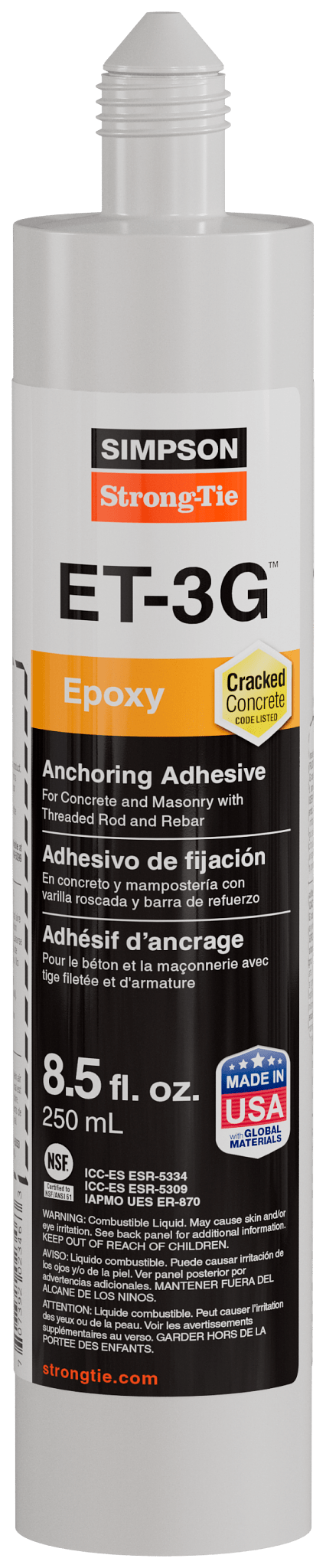 Simpson Strong-Tie ET3G10 ET-3G™ 8.5 oz. Epoxy Adhesive Cartridge w/ Nozzle and Extension
