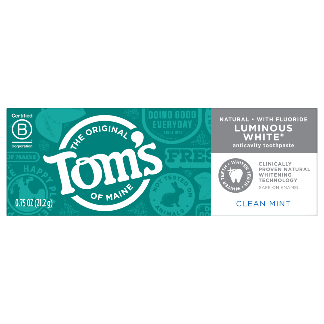 Tom's of Maine Natural Luminous White Toothpaste, Travel Size, Clean Mint, 0.75 oz. 12-Pack