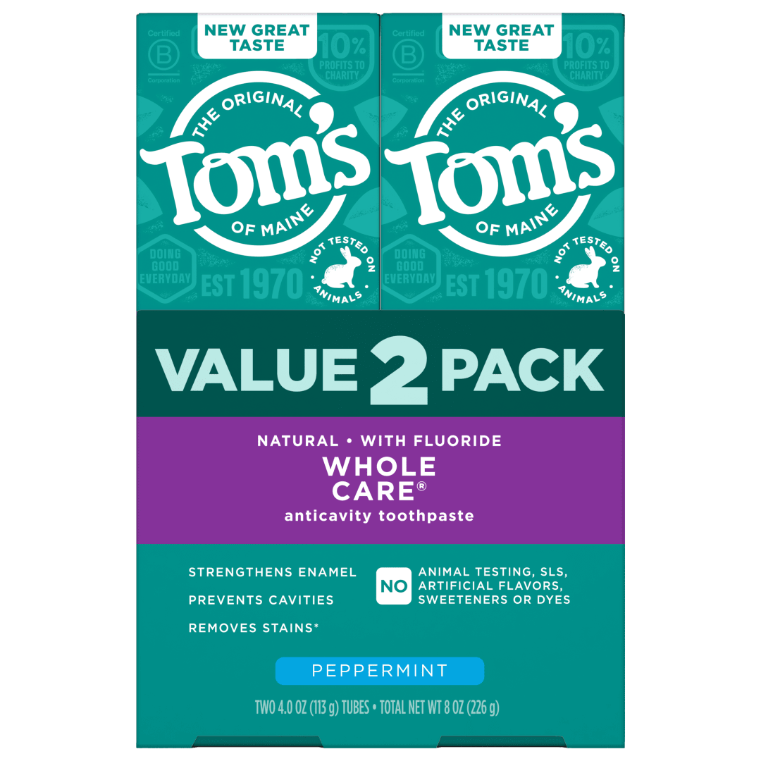 Tom's of Maine Whole Care Natural Toothpaste with Fluoride, SLS Free Toothpaste, Peppermint, 4.0 oz, 2 pack