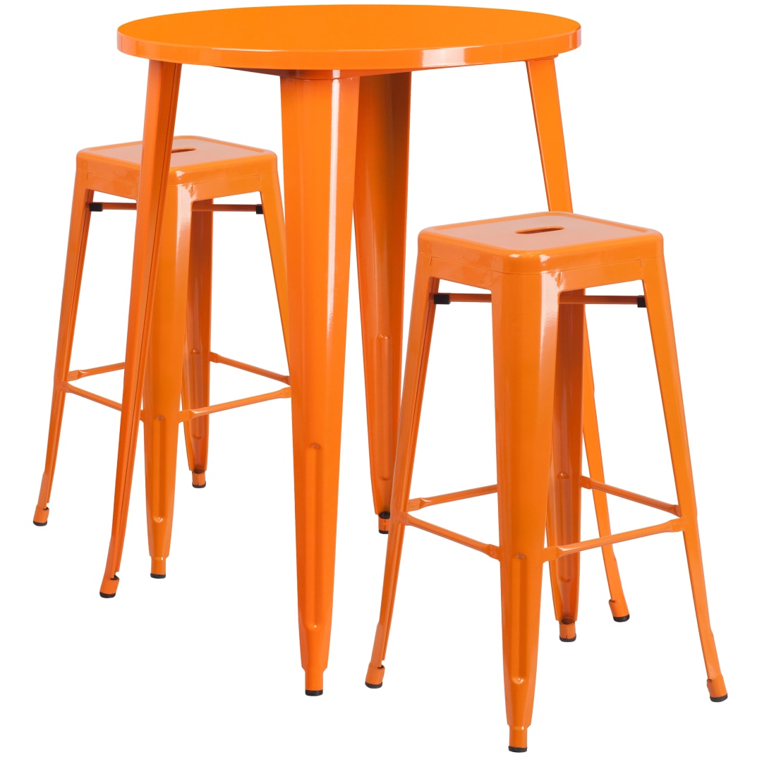 Boyd Commercial Grade 30" Round Orange Metal Indoor-Outdoor Bar Table Set with 2 Square Seat Backless Stools