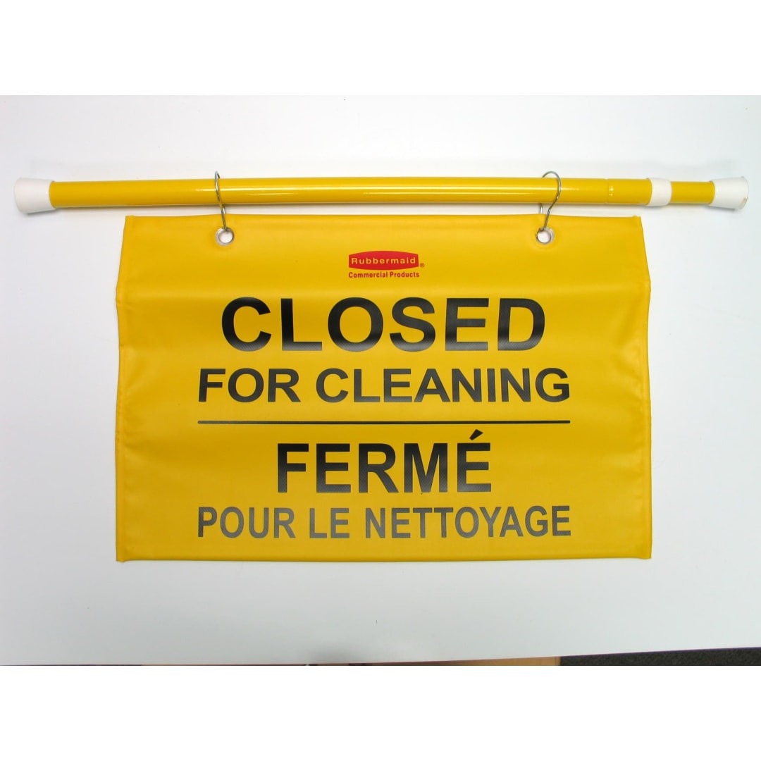 Rubbermaid Commercial Products Multilingual "Closed For Cleaning" Hanging Doorway Safety Sign, Yellow
