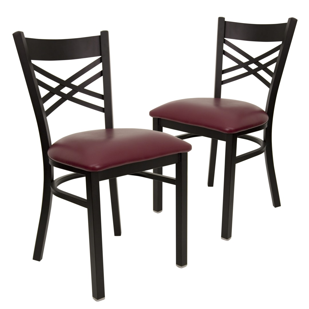 2 Pack HERCULES Series Black ''X'' Back Metal Restaurant Chair - Burgundy Vinyl Seat