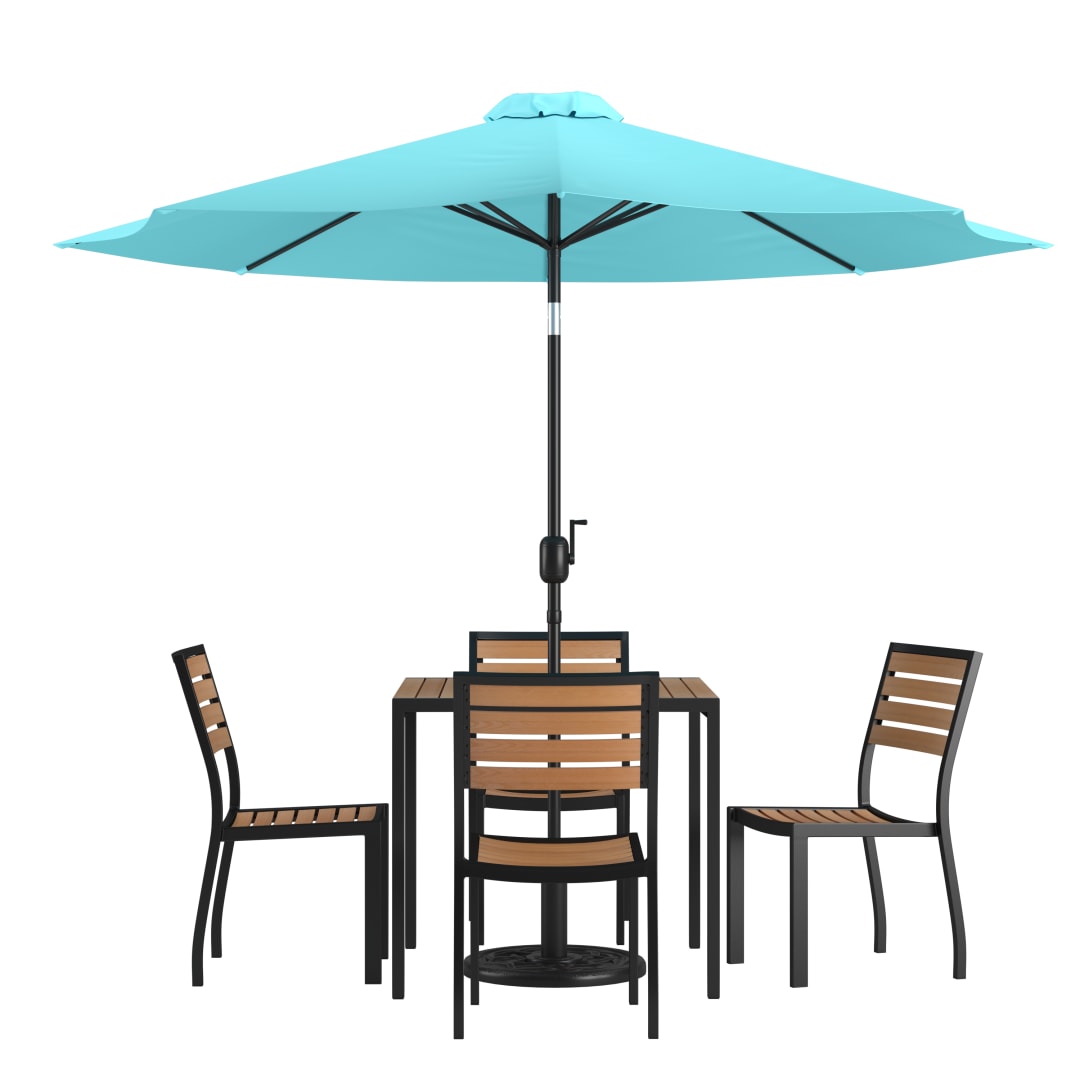 Lark 7 Piece All-Weather Deck or Patio Set-4 Stacking Faux Teak Chairs, 35" Square Faux Teak Table, Teal Umbrella & Base