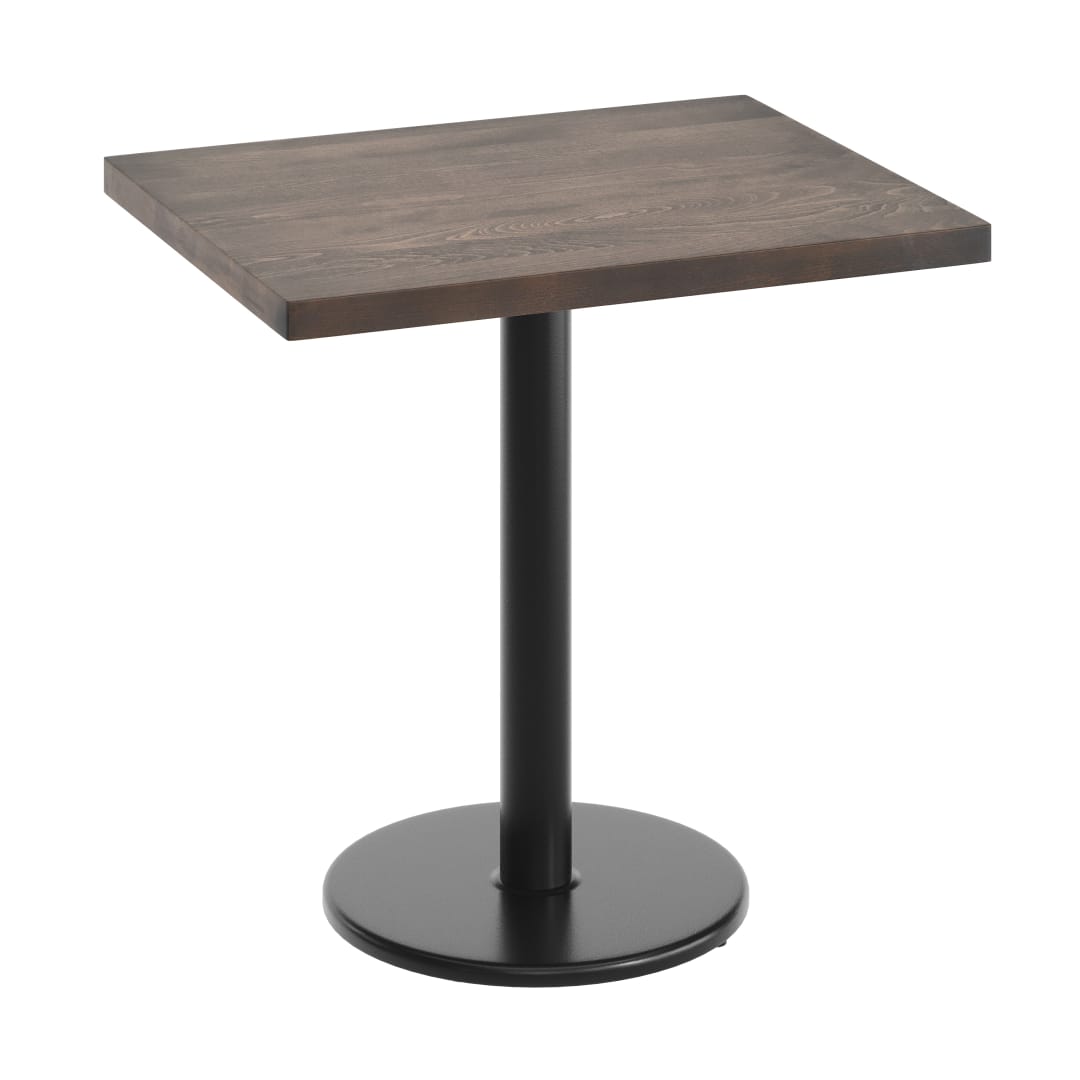 Bennett 24" x 30" Solid Wood Commercial Indoor Tabletop in Dark Brown with 18" Round Dining Height Rust-Resistant Black Cast Iron Base